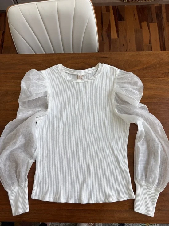 ANTHROPOLOGIE DOLAN SHEER PUFF SLEEVE BLOUSE RIB SWEATER TOP WHITE Size Large - Picture 6 of 10